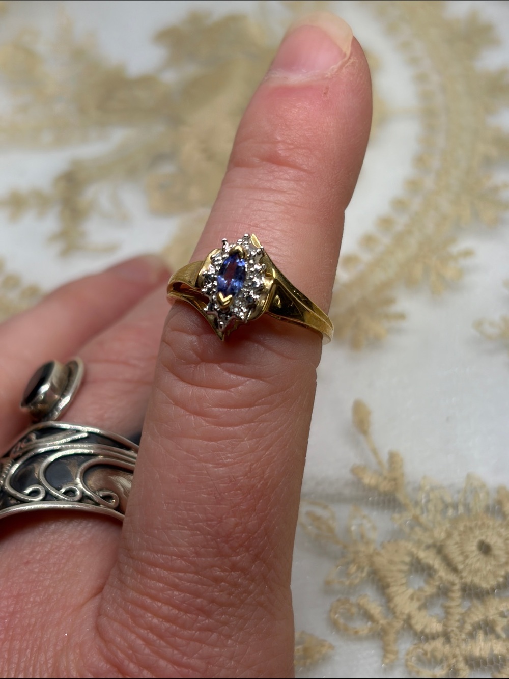 Vintage 10K Gold Tanzanite & Diamond Ring | Marquise Cut | Size 7 Estate Jewelry - Picture 2 of 9